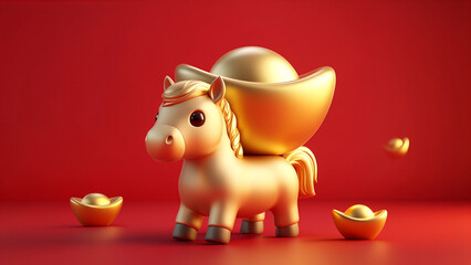 A cute little golden horse is carrying a red New Year element background with golden ingots