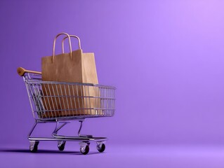 Shopping cart with brown paper bag on a vibrant purple background