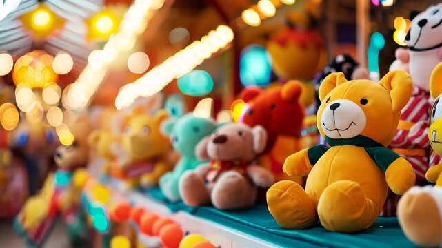 A vibrant display of colorful teddy bears and soft toys in a playful setting, perfect for capturing the essence of childhood joy and whimsical charm.