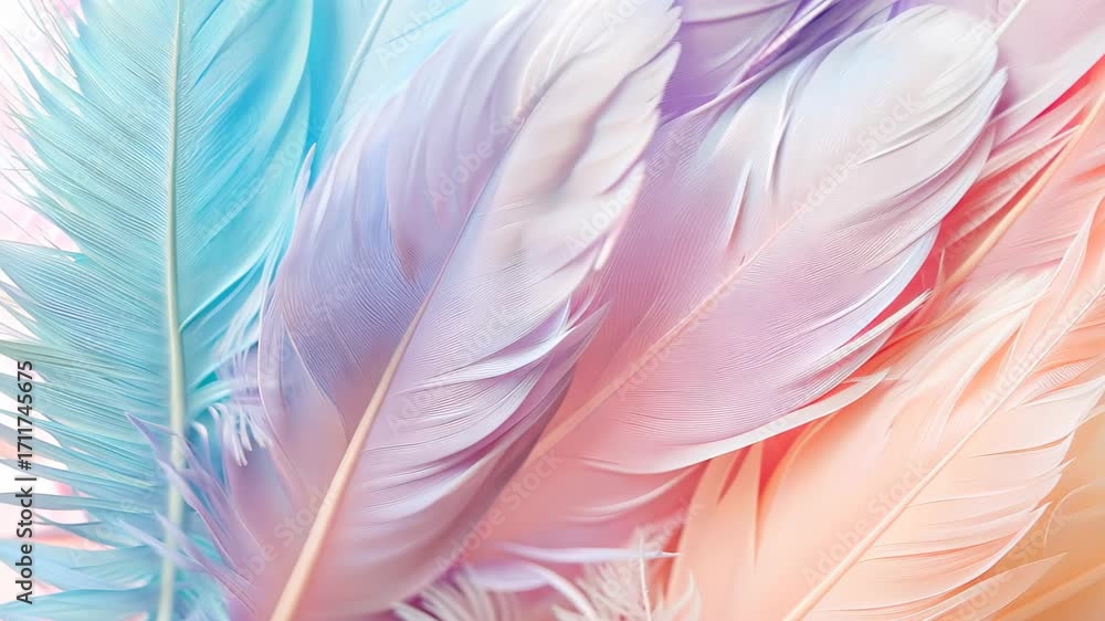 Poster a beautifully composed close-up of colorful feathers in soft pastel shades. this serene image captur