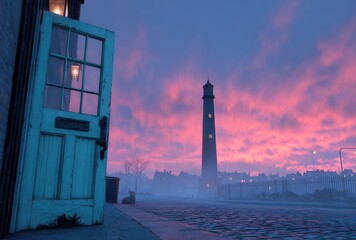Open door onto a cobbled street at dusk, a lighthouse silhouetted against a vibrant pink and purple sky