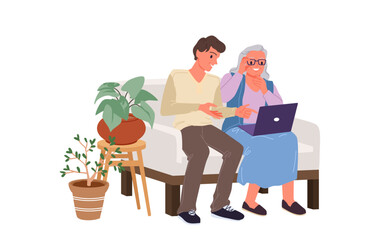 Support, help and care from young man to elderly woman, training on how to use laptop and Internet. Boy pointing at screen to teach grandmother, sitting on sofa together cartoon vector illustration