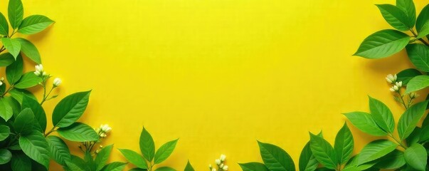 Naklejka premium Vibrant yellow background with lush green foliage, perfect for spring or summer themes Ideal for websites, presentations, and design projects needing a cheerful, natural aesthetic , lush, green