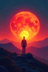 Fototapeta premium A solitary figure silhouetted against a vibrant sunset, symbolizing the journey towards enlightenment and inner peace, a powerful representation of spiritual liberation , wisdom, tranquility