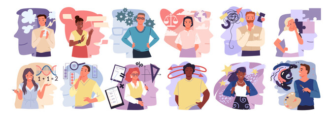 MBTI typology of people with different types of personality, creative thinking and behavior, psychology. Female and male characters with focus on emotion or logic thoughts cartoon vector illustration