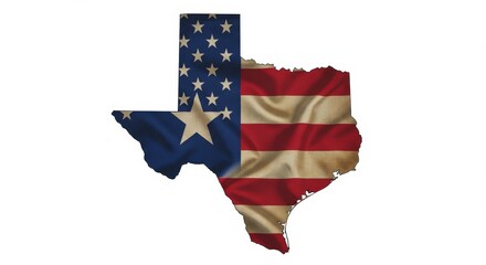 Texas state map silhouette overlaid with an American flag texture design