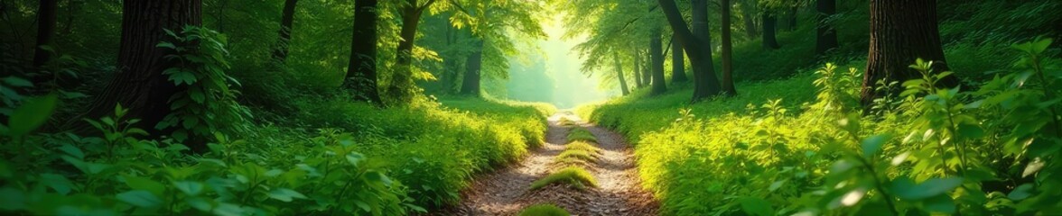 Obraz premium A solitary path winds through a lush green landscape, sunlight dappling the leaves The journey continues onward, inviting exploration and discovery of nature's beauty , way, wilderness, wanderlust