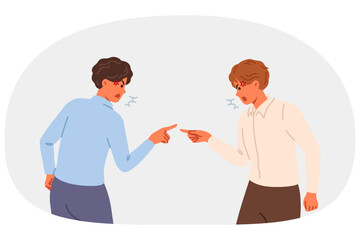 Quarrel between office clerks finding out reasons for company low profits and shouting or pointing fingers at competitor. Two business men quarreling after breaking partnership agreement
