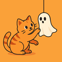 A delightful orange tabby cat playfully interacts with a cute, friendly ghost decoration, perfectly embodying the whimsical and adorable spirit of Halloween fun.