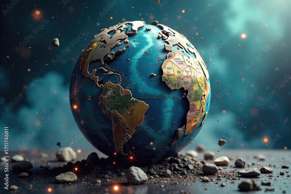 Wall mural a spinning globe fractured into pieces, symbolizing global upheaval and societal transformation elem