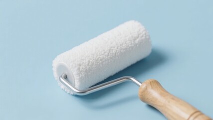 Obraz premium White paint roller with wooden handle on a light blue background