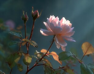 Delicate pink rose in soft morning light