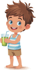 Cute cartoon boy holding green smoothie, summer drink, healthy beverage, happy child, kids illustration, vector art, refreshing juice, childhood joy, beach vacation, organic drink