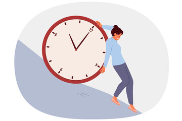 Deadlines put pressure on business woman trying to stop time, holding back big watch rolling down mountain. Problem of deadlines for businesswoman who wants to prevent violations of agreed plan