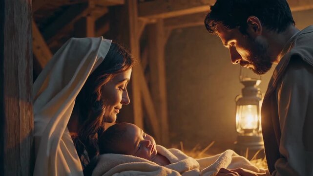 Nativity scene with Mary and Joseph admiring baby Jesus in peaceful stable setting.