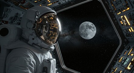 Astronaut man observer sees the full moon from spacecraft window. Space exploration and future orbital mission concept.