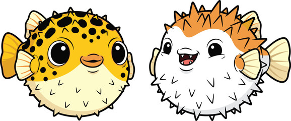 Cute cartoon pufferfish and porcupine fish illustration, funny ocean animals drawing, adorable underwater marine life characters, aquatic wildlife artwork for kids