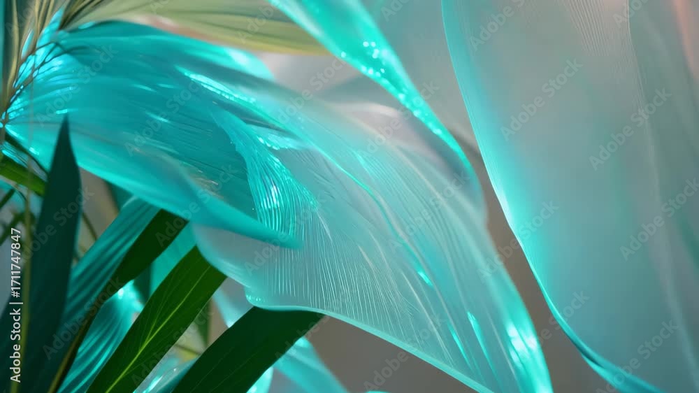 Poster beautiful close-up of vibrant tropical leaves in soft lighting, showcasing elegant textures and patt