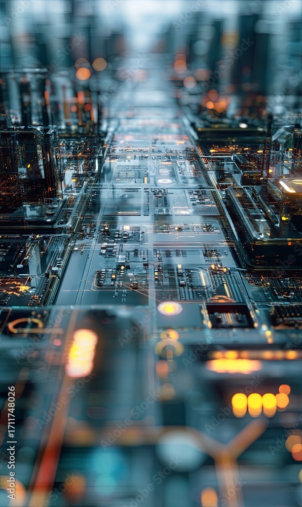 Poster exploring intricate circuit patterns and glowing components in technology