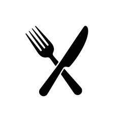 Simple black silhouette vector icon of a crossed fork and knife, perfect for a restaurant or bistro logo, menu design element, and general food service representation graphic