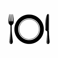Classic vector icon of a full dinner setting with an empty plate, fork on the left, and knife on the right, symbolizing dining, restaurant service, and a formal meal