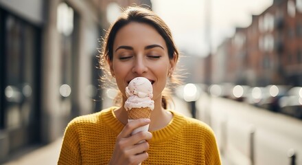 Woman Enjoying Ice Cream Outdoors.