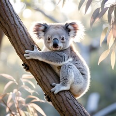 Adorable baby koala clings to a eucalyptus tree branch in australia