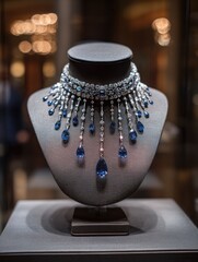 Exquisite diamond and sapphire necklace displayed on mannequin
