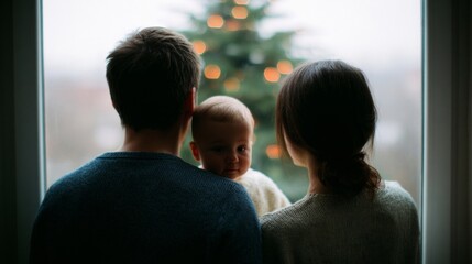 Cozy European family silhouettes admire an evergreen tapestry of lights, evoking Yule reflections and solstice dreams