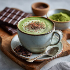 Matcha Latte with Dark Chocolate – Cozy Japanese Green Tea Beverage in Rustic Ceramic Cup. Generative AI.	
