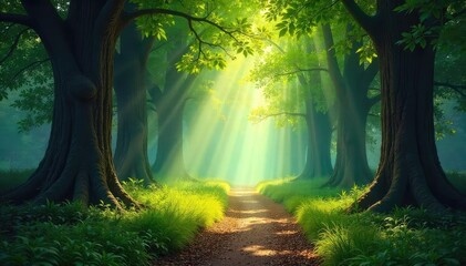 Obraz premium A sun-dappled forest path winds through ancient trees, sunlight filtering through leaves, creating a magical, mysterious atmosphere Perfect for fantasy, adventure, or nature themes , light, soil