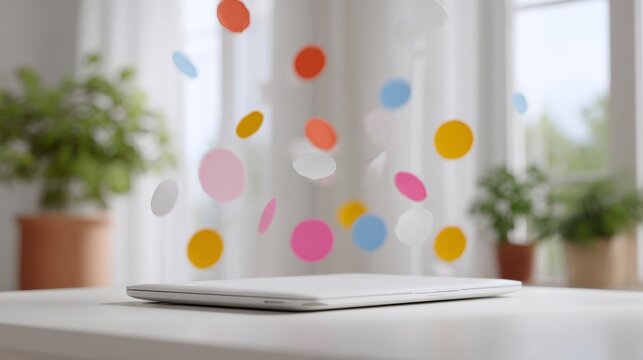 Floating confetti over minimalist tablet, symbolizing digital revelry and innovation, ideal for Dot Day or Cyber Monday escapades
