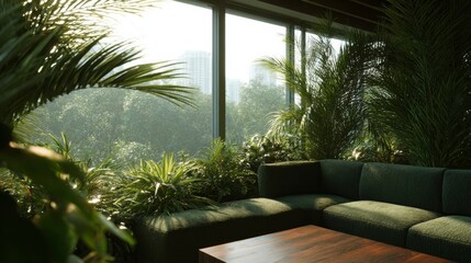 Serene urban jungle lounge drenched in emerald sunlight, perfect for World Environment Day and International Day of Forests celebrations