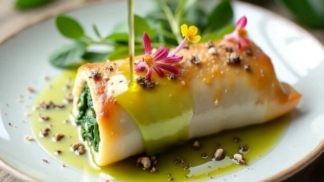 Chicken roll with spinach nicely served on a plate with greens, flower decorations and green oil