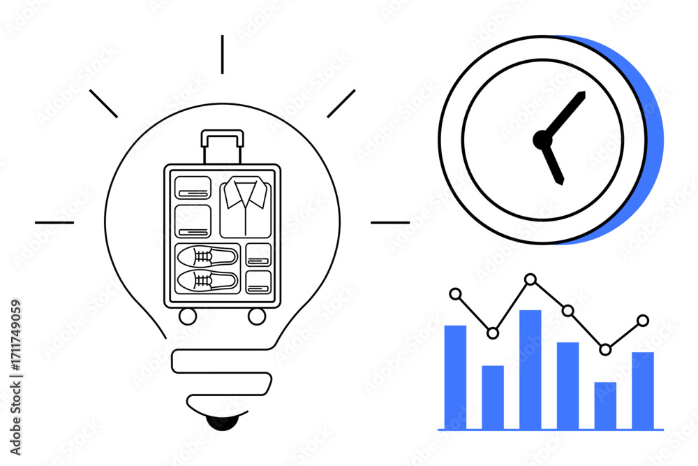 Poster lightbulb with organized luggage, blue clock, and bar chart with connecting points. ideal for time m