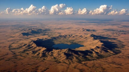 Aerial view of a crater lake surrounded by arid mountains