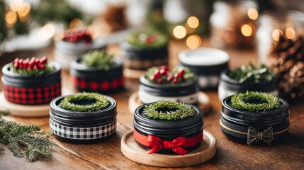 Christmas-themed mason jars with festive decorations on wooden table indoors. creative Christmas ornaments made from mason jar lids, decorated with wreaths, festive Christmas craft decor