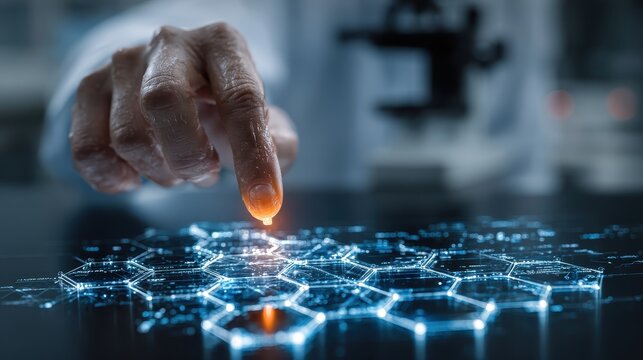Scientist interacts with molecular structure on interactive screen in laboratory for research and innovation purposes