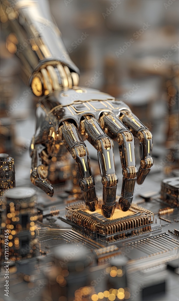 Poster robotic hand interacting with a microchip on a futuristic circuit board
