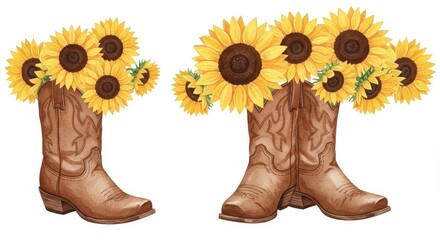Charming watercolor illustration featuring cowboy boots filled with bright sunflowers
