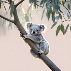 Adorable koala clings to eucalyptus tree branch in soft natural light