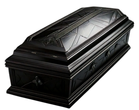 Sleek Black Coffin with Trapezoidal Minimalist Design, isolated on a transparent background