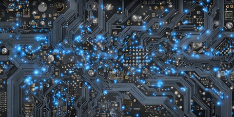 Close-up circuit board with glowing blue components