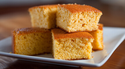 温かくてふんわりした焼きたての自家製コーンブレッドを積み重ねた美味しそうな写真