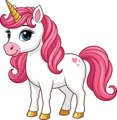 Cute cartoon unicorn, pink mane, golden horn, fantasy animal, magical creature, children illustration, whimsical design, adorable vector, stock art