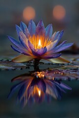 Purple lotus flower with candle, water reflection