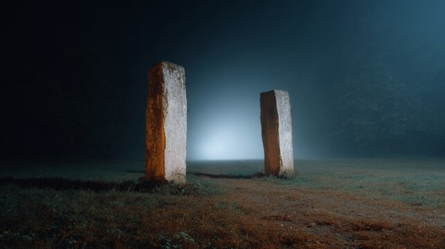 Two ancient monoliths shrouded in mystic fog evoke Solstice rituals, enigmatic landscapes, and stone sentinel whispers at twilight