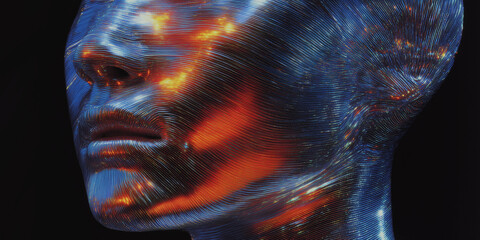 Abstract digital art featuring a face rendered with flowing, luminous lines in blue and orange, album art, website backgrounds, futuristic tech advertisements, AI concepts
