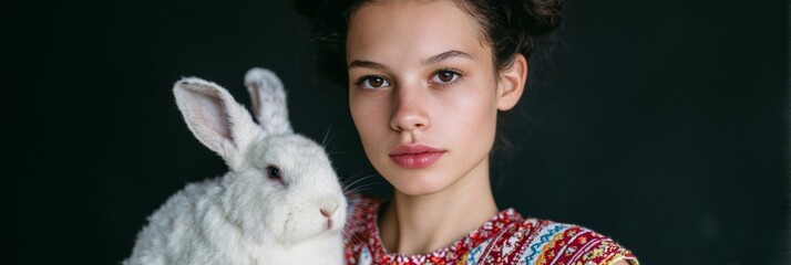 A young woman with European descent cradles a fluffy white rabbit, embodying Moon Festival magic and Furry Friends Day delight