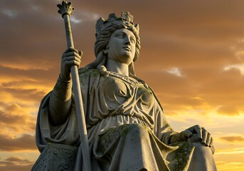 Obraz premium Majestic Queen Statue at Sunset. Generative Ai